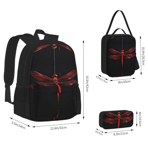 nanger Abstract Red Dragonfly Print 3-Piece Set Backpack, Lunch Bag And Pencil Case, For Travel, College, And Daily Use4