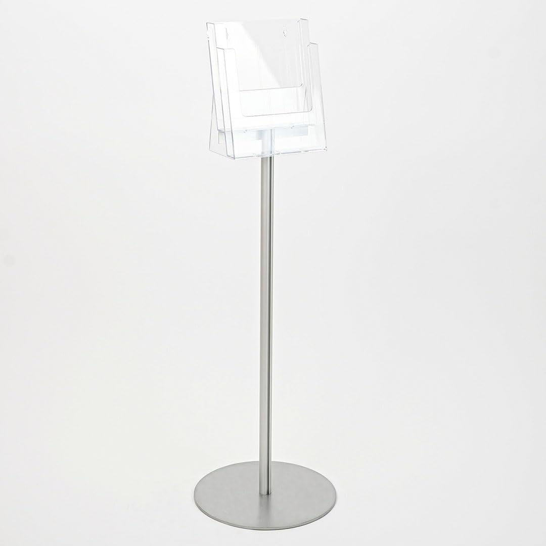 Danieli - Porta Depliant da Terra in Acrilico Trasparente A4 con 2 tasche, per Riviste e Brochure. Porta Volantini Resistente da Utilizzare come Espositore per Ufficio e Negozi. (Alluminio Silver)