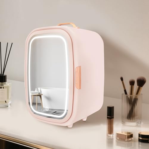Image of 12 Liter Pink Skincare Fridge with LED Mirror | Compact Beauty Fridge for Makeup Lipstick, Portable Mini Makeup Refrigerator for Bedroom Bathroom