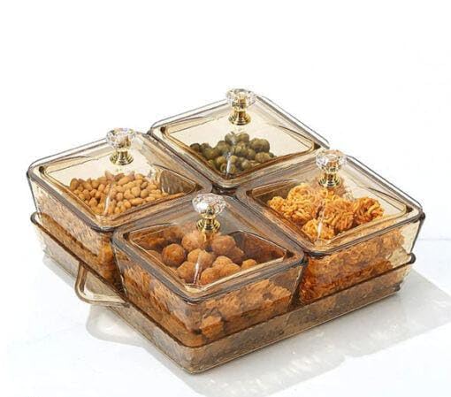 ConvertKitchen Dry Fruit Container Set Plastic Dry Food Storage Box Multi-Purpose Box Serving Set With Serving Tray & Lid, Transparent Snack Bowl Serving Platter (1Set)