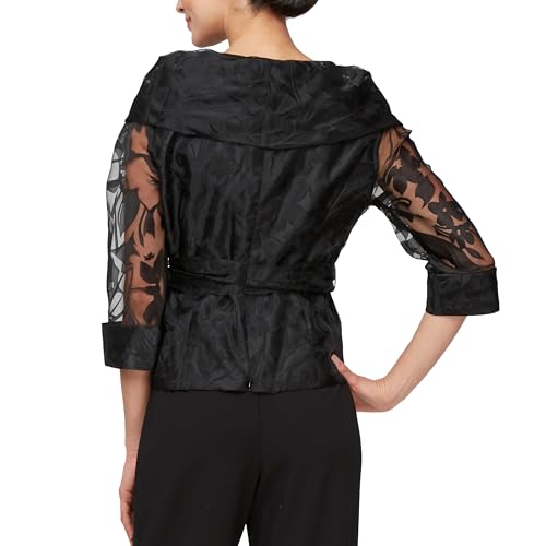 Alex Evenings Women's Portrait Collar Organza Blouse with Illusion Sleeves and Tie Belt2