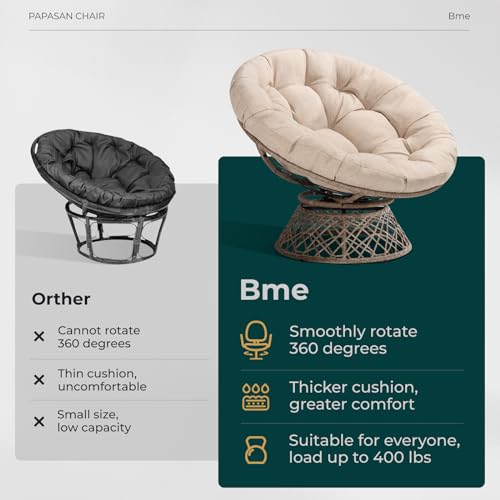 Bme 40" Ergonomic Wicker Papasan Chair with Soft Thick Density Fabric Cushion, High Capacity Steel Frame, 360 Degree Swivel for Living, Bedroom, Reading Room, Lounge, Sepia Sand - Brown Base - view 3