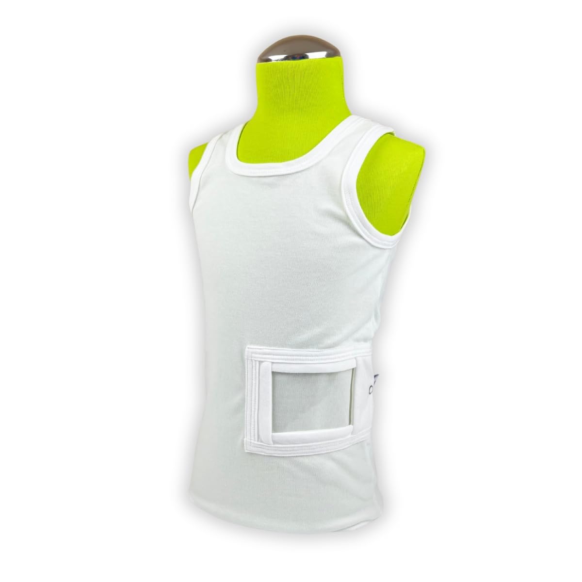 Pumpenshirt weiß – mit integrierter Pumpentasche und Sichtfenster, wählbar rechts/links – für Insulinpumpe – in Größen 104-164 (Tasche rechts, 146-152)