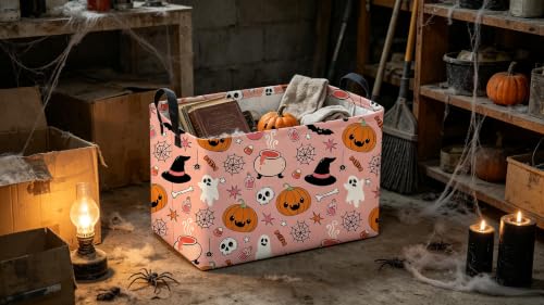 Image of Sanjiaofeng Rectangular Pink Halloween Horror Ghost Storage Basket,Scary Pumpkin Basket,Halloweens Party Baskets,Halloween Candy Storage Baskets with Handles(Smiley Pumpkin)