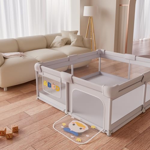 Image of Baby Playpen Baby Playard for Babies and Toddlers, Indoor & Outdoor Kids Activity Center, Sturdy Safety Anti-Fall Play Yard with Soft Breathable Mesh, Kid's Fence for Infants Toddlers, Grey, 47″x47″