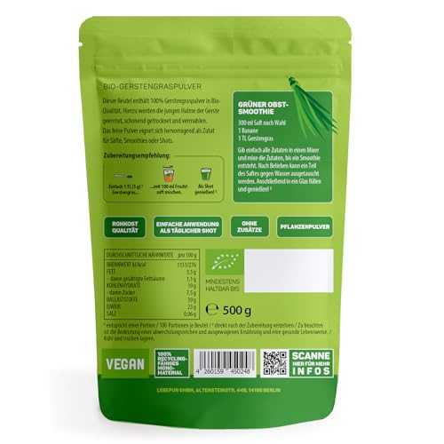 Foto von Lebepur BIO Gerstengras Pulver 500g | aus deutschem Anbau | Rohkostqualität | 100% Gerstengraspulver | vegan | ballaststoffreich | rückstandskontrolliert | glutenfrei und laktosefrei | laborgeprüft