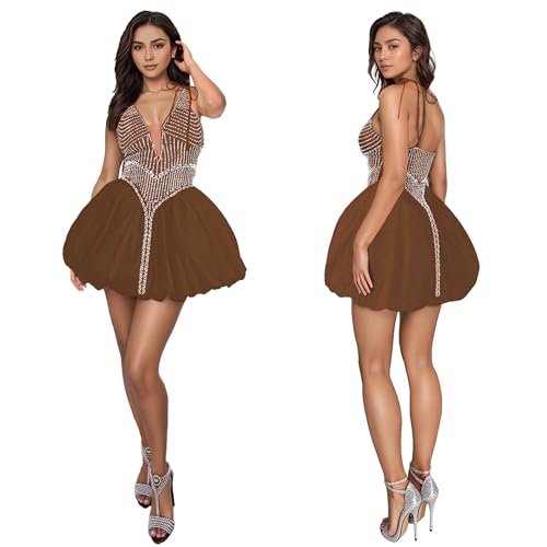 Image of PORRCEY Women's Sexy Elegant Rhinestone Mesh Party Club Night Mini Dress