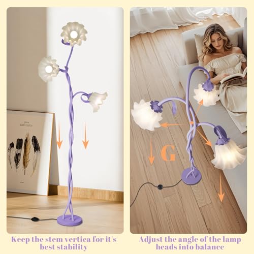 Image of Flower Standing Lamp for Bedroom, Cute Corner Floor Lamp with Flexible Gooseneck, 3 Light Floor Reading Lamp with 3 Color Temperatures, Bulbs Included, Tall Floor Lamp for Living Room Corner(Purple)