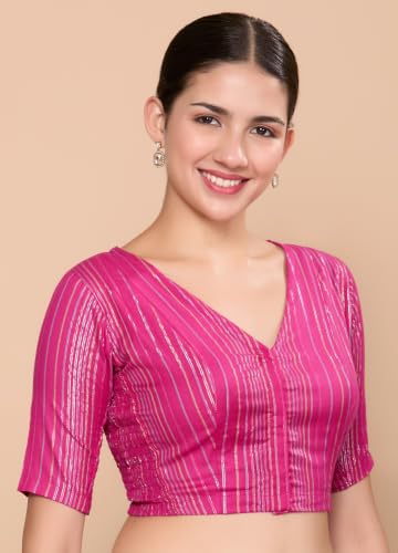 Image of Studio Shringaar Women Cotton Handloom Striped Readymade Elbow Length Sleeve Saree Blouse with Stretchable Sides