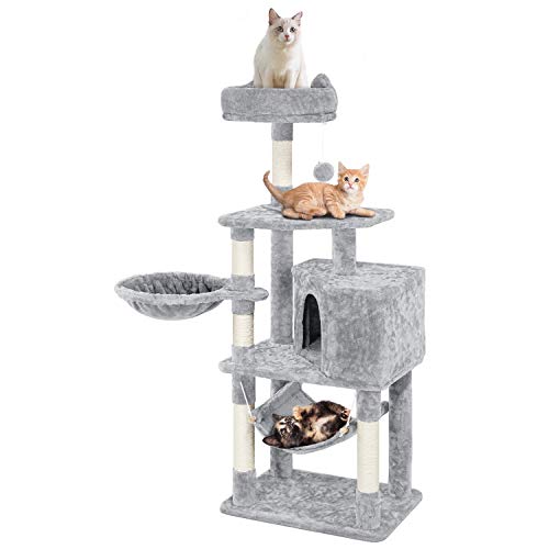 Topeakmart Cat Tree, 54.5in Tower with Hammock, Basket, Scratching Posts, Animal-Ear-Style Perch, Condo, Multilevel Stable Pet Furniture Activity Center for Indoor Kittens, Light Gray