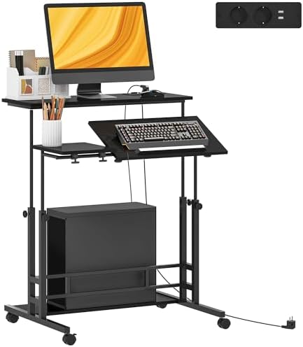 HOMCOM Lift-Up Desk with Wheels, Sockets, USB Ports, Adjustable H...