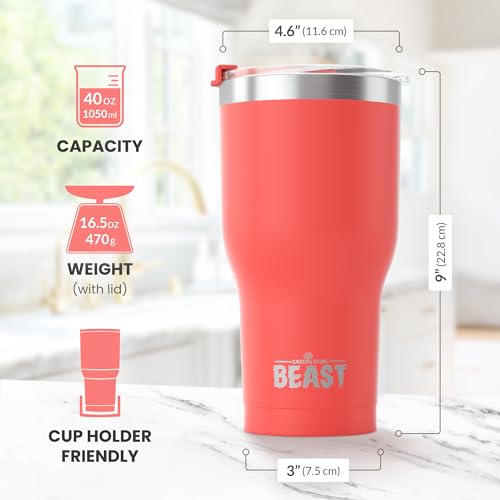 Image of BEAST 40oz Coral Tumbler - Stainless Steel Insulated Coffee Cup with Lid, 2 Straws, Brush & Gift Box by Greens Steel