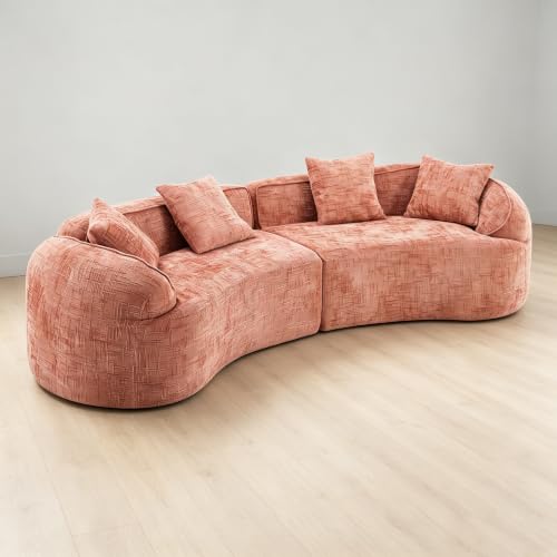 Image of 109-Inch Curved Boneless Modular Sofa Compressed 4-Seat Cloud Couch with 4 Pillows, Modern Curved Boneless Foam Sofa Floor Deep Seat Cloud Couch for Living Room Bedroom