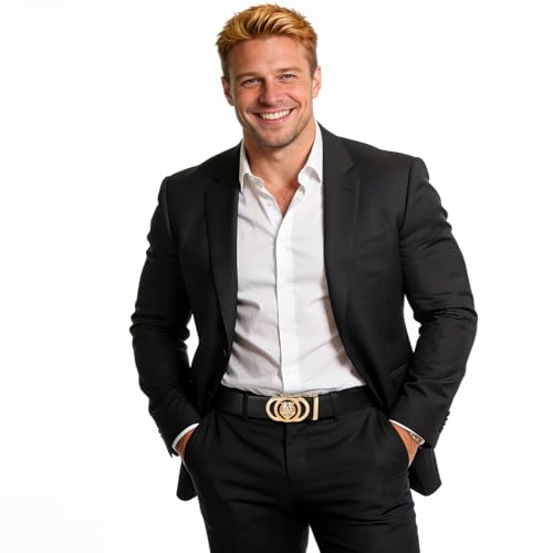 Image of Aurolran Men&Womens Leather Dress Belt Business Automatic Buckle Belt Color-Black Silver Gold