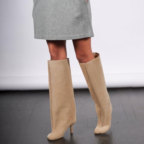 Yishaweiqi Camel Suede Knee High Boots for Women: Square Toe Stiletto Heel Long Tall Wide-Calf Comfortable Fall Boots4