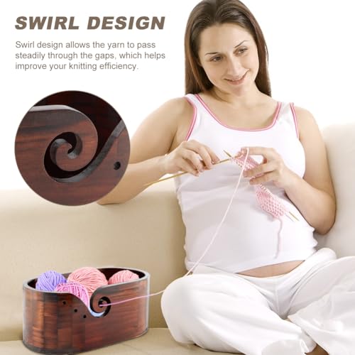 Image of Wooden Crochet Bowl, Multi-Hole Yarn Holder for Knitting, Gift for Mom, Wife, Girlfriend & Knitting Lovers (Brown)