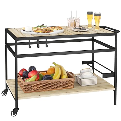 Outsunny Camarera con Ruedas de Madera Carro de Servicio con Encimera de Listones 2 Estantes 3 Ganchos y Asa para Jardín Terraza Patio 107x65x80 cm Natural