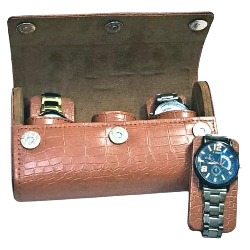 Image of essart Watch Roll Case - Croco Tan Leather 3 Slot Organizer Box for Watches | Elegant Luxury Travel Case for Collectors