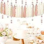 Champagne-Gold Beige Boho Baby-Shower Party-Decorations - 23pcs Fall Rustic Neutral Bridal Wedding Paper Tissue Pom Poms Streamers,Retro Tassel Garland,Girl Birthday Banner Decor Lasting Surprise - Image 5
