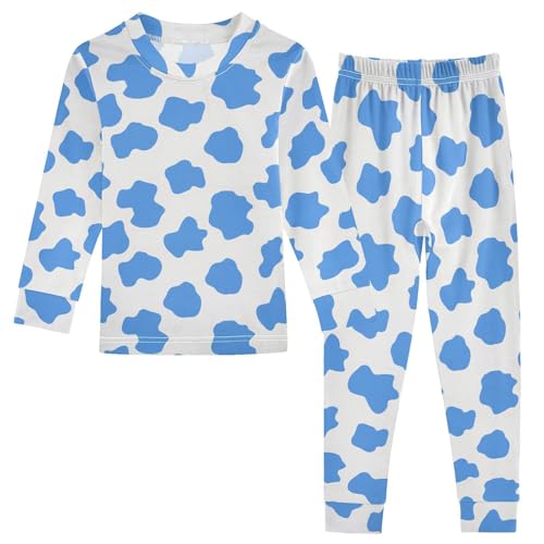 SPRIPORT Sky Blue Cow Texture Soft Comfy Pajama Set Sleepwear Cotton 2 Piece Pjs Set Long Sleeve Top and Pants 8Y