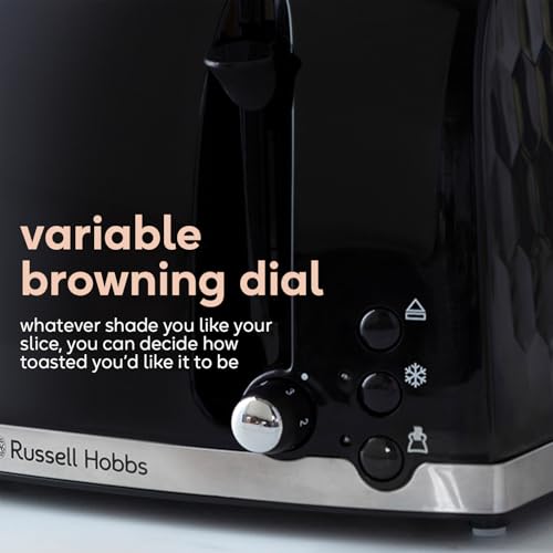 Russell Hobbs Honeycomb 4 Slice Toaster (Independent & Extra wide slots with high lift, 6 Browning levels, Frozen/Cancel/Reheat function, Removable crumb tray, 1500W, Black textured high gloss) 26071