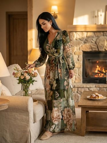 Image of SUZONANA Plus Size Dresses for Women Floral Print Maxi Dress Flowy 3 /4 Sleeve with Belt