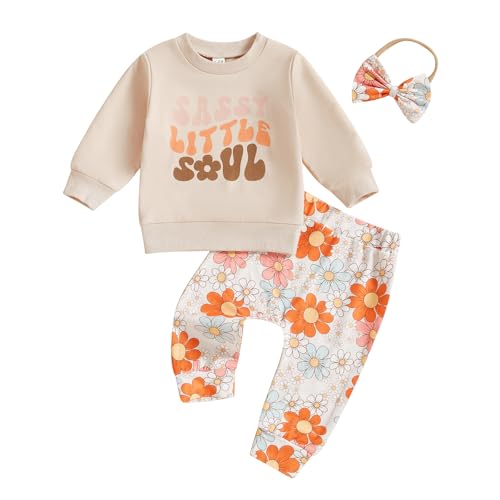 Karuedoo Toddler Baby Girl Clothes Letter Print Long Sleeve Sweatshirt Top Floral Pants Headband Set 3Pcs Fall Winter Outfits