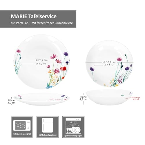 MamboCat Marie 12tlg Tafelservice I Porzellan-Geschirr mit Blumenwiese-Dekor für 6 Personen I 6X Suppenteller & 6X Speiseteller für Frühstück, Mittag & Abendbrot