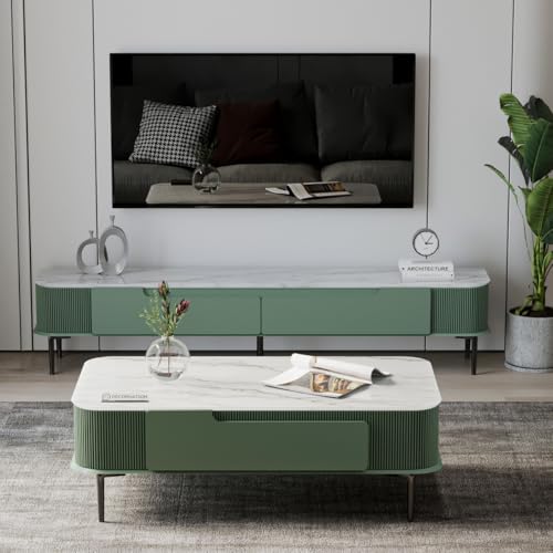 Image of DecorNation Valencia Faux Marble Coffee Table Eucalyptus Mist | Modern Center Table with Two Drawer Storage | PVD Coated Legs | Elegant Living Room Accent Furniture for Home & Office Decor