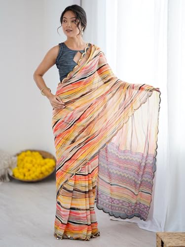 Image of Satrani Women's Georgette Printed & Mirror Work Saree with Unstitched Blouse Piece