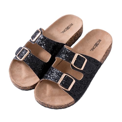 Roxoni Women's Party Gliters Comfort Flat Sandals Double Buckle Adjustable Straps Flat Slides Footbed Suede