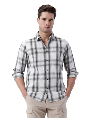 Image of CROCODILE Men Checkered Cotton Casual Shirt | Comfort Fit | Full Sleeve | Button Down White