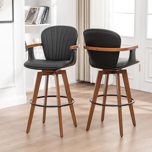 Image of LUNLING 30 inch Bar Height Stools Set of 3.Mid Century Modern Bar Stools,Black PU Leather Kitchen Island Stools,Wood High Barstools Swivel with Back and Arms for Home Bar Furniture