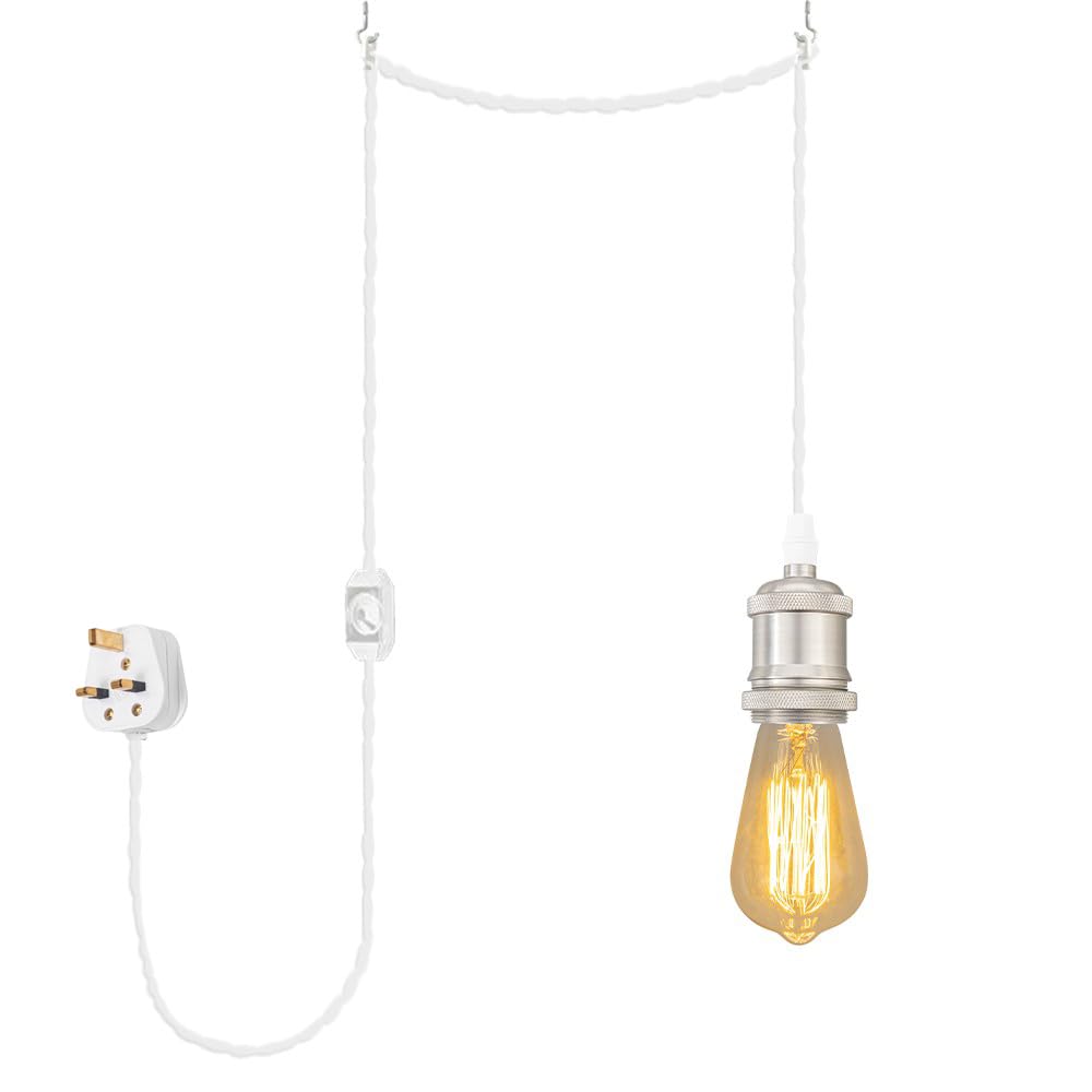 FSLiving 4.5 Meters of White Twisted Fabric Cable Plug In Pendant Lighting Kit Pendant Light Fitting with Dimmer Switch and E27 Matte Brushed Nickel Lamp Holder