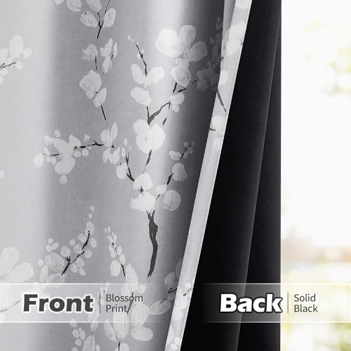 FMFUNCTEX 100% Blackout Floral Curtains for Bedroom, Grey Curtains 54 inch Length Blossom Flower Patterned for Living Room,Thermal Insulated Drapes Farmhouse, Grommet Top 2 Panels (White on Grey) - Image 5