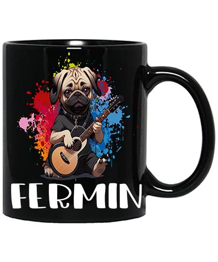 Dog Play Guitar Mug, Dog and Guitarist Gifts, Guitar Player Gifts, Personalize Name Fermin 11oz Black Mug Love Guitar Mug, Love Guitar and Dog