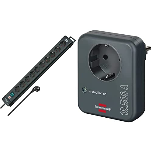 Brennenstuhl Premium-Line, Steckdosenleiste 10-Fach (mit Schalter und 3m Kabel) schwarz & Steckdosenadapter mit Überspannungsschutz 13.500 A (Adapter als Blitzschutz für Elektrogeräte) anthrazit