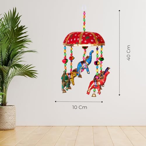 Image of Rajasthani Multicolor Elephants Jhoomer with Bell - Decorative Wind Chimes for Door & Wall Hanging, Ideal Home Decor & Gift Showpiece (Red)