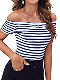 LilyCoco Striped Off The Shoulder Tops for Women Short Sleeve Sexy Fitted Pirate Shirt Royal Blue Stripe Medium