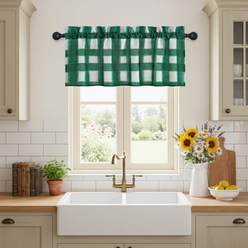 NICETOWN Green White Buffalo Plaid Valance for Windows, Linen Sheer Cafe Curtain Check Rod Pocket Rustic Farmhouse Kitchen Window Treatment for Living