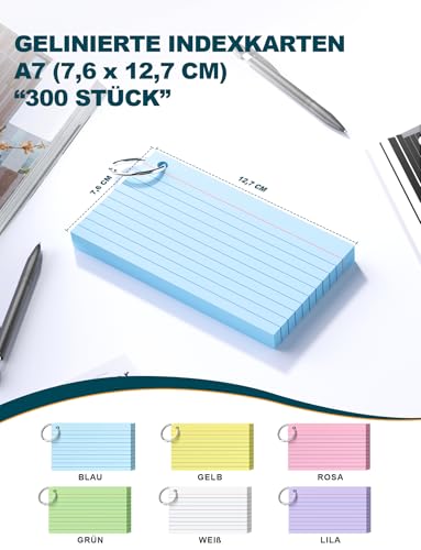 300 Stück Kleine Karteikarten A7 (12,7 x 7,6 cm), Linierte Lernkarten mit Ring, A7 Karteikarte 6 Farben Kleine Bunte Karteikarten für Vokabeln Englisch Vokabeln Rezepte, Lernkarten für Notizen