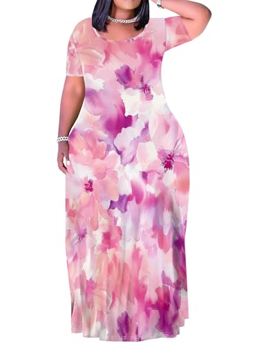 Image of PinkPatty Plus Size Dress for Women Casual Crew Neck Short Sleeve Maxi Dress Oversized Summer Beach Dresses with Pockets