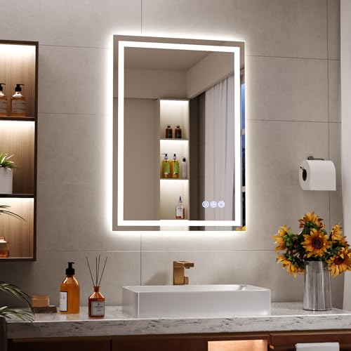 Koonmi 70x50 cm LED Badezimmerspiegel - 3 Einstellbare Beleuchtungsmodi, Beleuchteter intelligenter Badezimmer Spiegel mit Front- und Rücklicht, Memory-Funktion, wandmontiert horizontal und vertikal