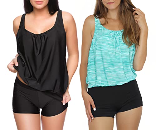 Damen Tankini Set 2-teilig Mit High Waist Slip - Oversize Bademode Maritime Optik