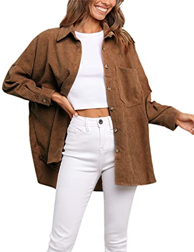 Uaneo Womens Corduroy Oversized Button Down Long Sleeve Tunic Shirts Overshirts (Brown-M)
