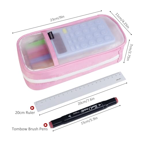 Image of Fmeida Grid Mesh Pencil Case - Upgraded 4 Compartment Pencil Pouch, Clear Adult Pencil Bag Aesthetic Marker Pouch Stationary Bag Office Organizer for College Business Travel - Pink&White
