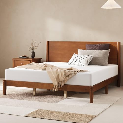Image of AMERLIFE Solid Wood King Bed Frame, Mid Century Bed with Headboard, Brown