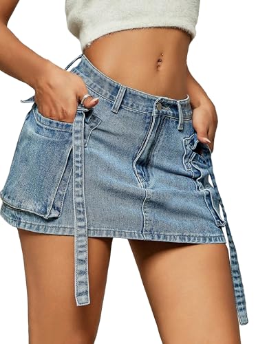 Denim Skort for Women High Waisted Asymmetrical Wrap Jean Skorts A-Line Stretchy Skinny Cargo Mini Skirts4