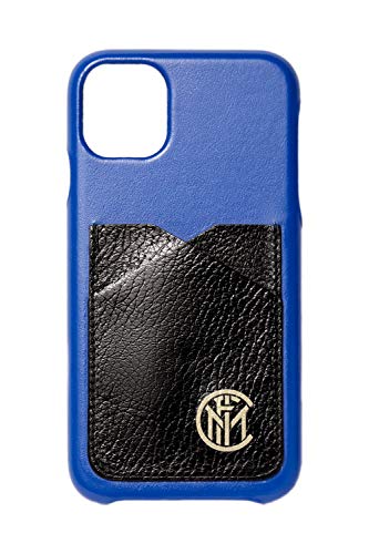 Inter Hi Tech Artisans Cover iPhone 11 Pro Max Official FC, Mobile Phone Case with Pockets, Genuine Leather Cover Black and Blue, iPhone Case Handmade in Italy, Shock Resistant