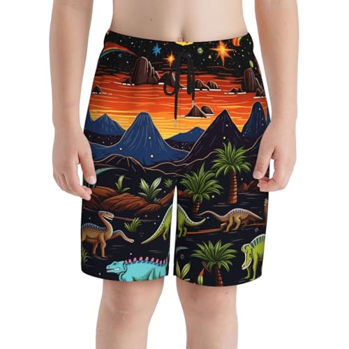 Boys Beach Board Shorts Swim Trunks Teen Kids Quick Dry Bathing Suits, Dinosaurs Dragons Dino Landscape Primitives3